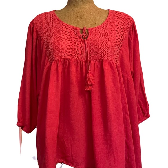 Hannah Women's coral/orange Lace Detail with tie
 Top size 1X smock style - Picture 1 of 8